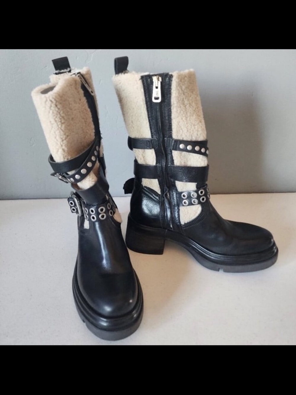 A.S.98 Emmons Shearling & Black Leather Moto Boots w/ Buckle Straps, Biker, 8.5 - Picture 8 of 12